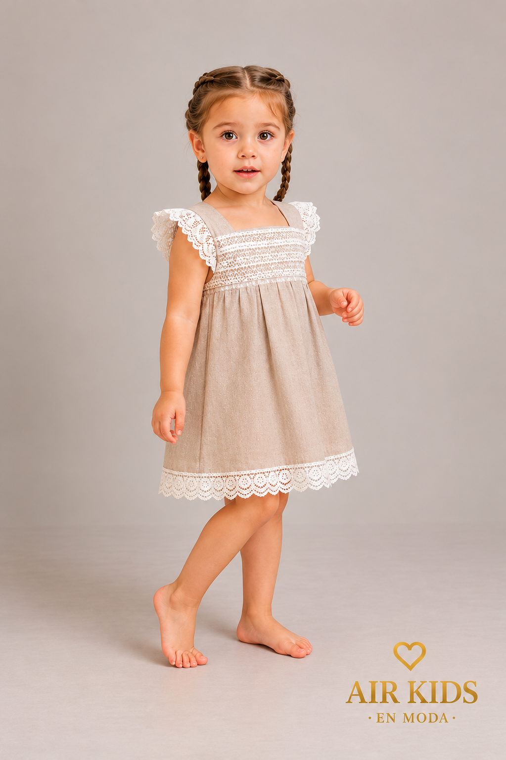 Vestido de lino jaspe con punta y entredos de bolillo en mangas y falda 640V Talla 4 años