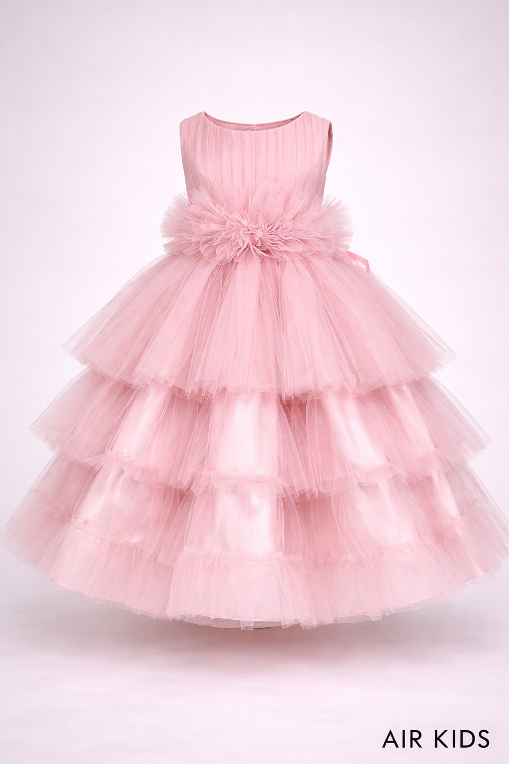 VESTIDO PRESENTACION TAFETA FALDA TUL OLANES FAJO OLANES CON CORONA 26-004-8A