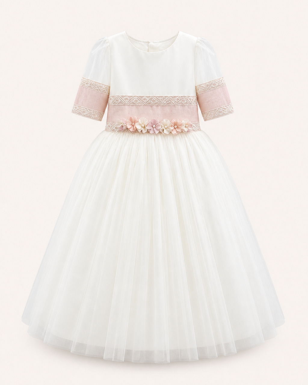 Vestido de primera comunion satin tul mesh tira bordada peto con corona 25-909 Talla 8 años
