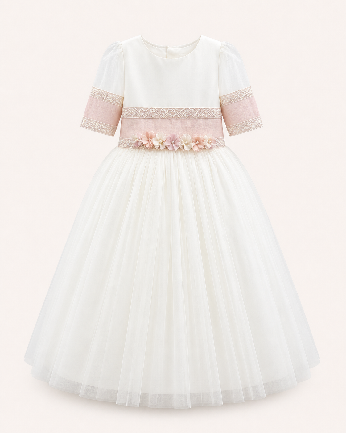 Vestido de primera comunion satin tul mesh tira bordada peto con corona 25-909 Talla 8 años