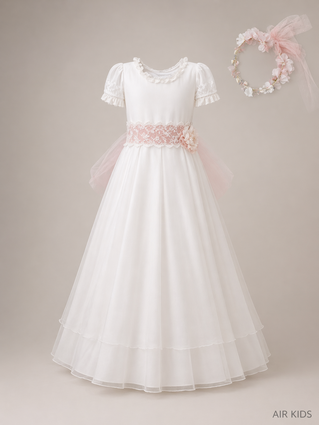 VESTIDO PRIMERA COMUNION TUL PUNTOS FALTA TUL PLIZADO TIRA BORDADA CON CORONA 26-411-14A