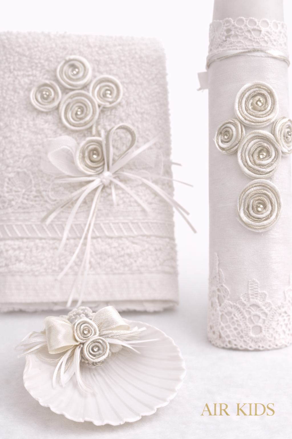 Kit de Bautizo Vela y Toalla Blanco y Plata Niño 6734