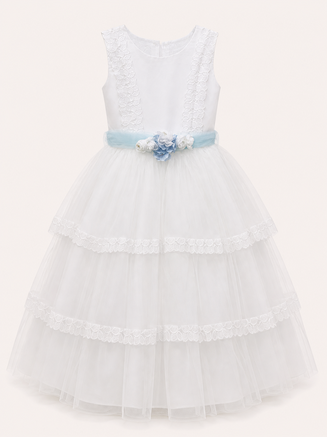 Vestido presentacion falada tul holanes tira bordada con corona 26-002
