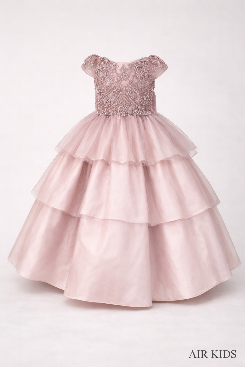 VESTIDO PRESENTACION SATIN TRES OLANES DOBLES DE TUL PETO BORDADO CON CORONA 26-018-3AÑOS