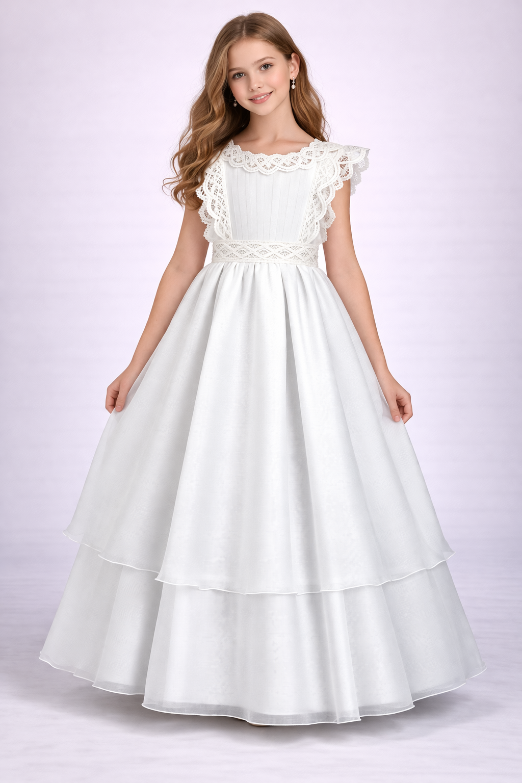 VESTIDO PRIMERA COMUNION TERGAL FRANCES DOBLE FALDA CIRCULAR TIRA BORDADA 26-406-14A