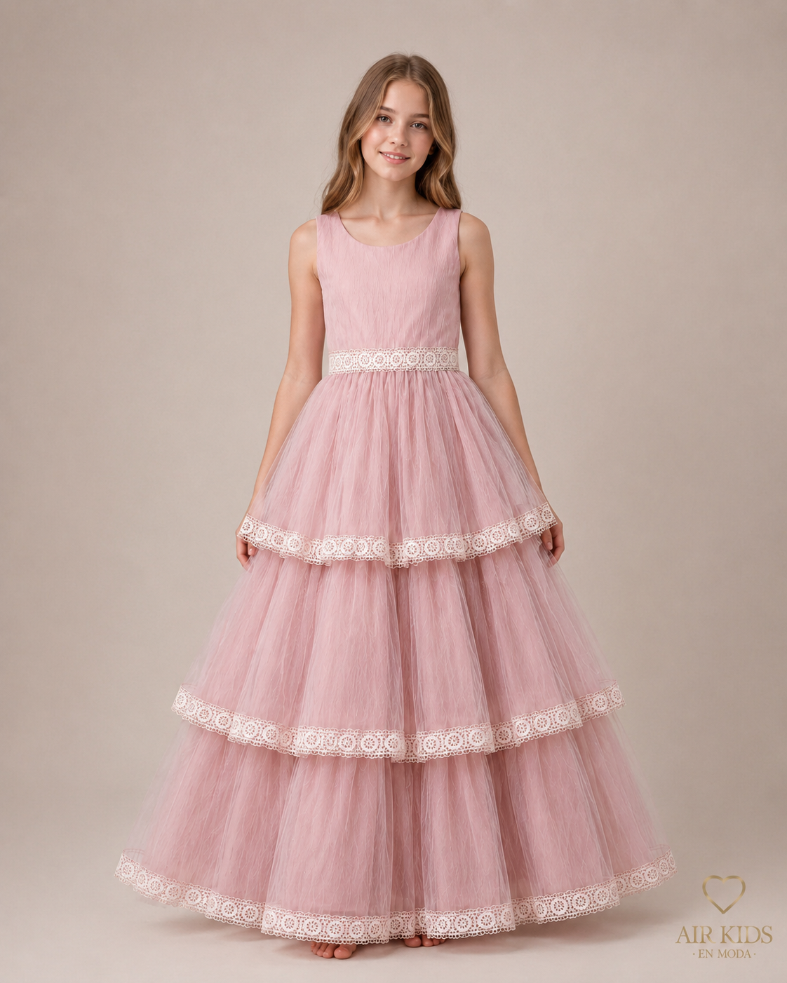 Vestido falda olanes de tul plizado tira bordada rosa 26-009-16 años
