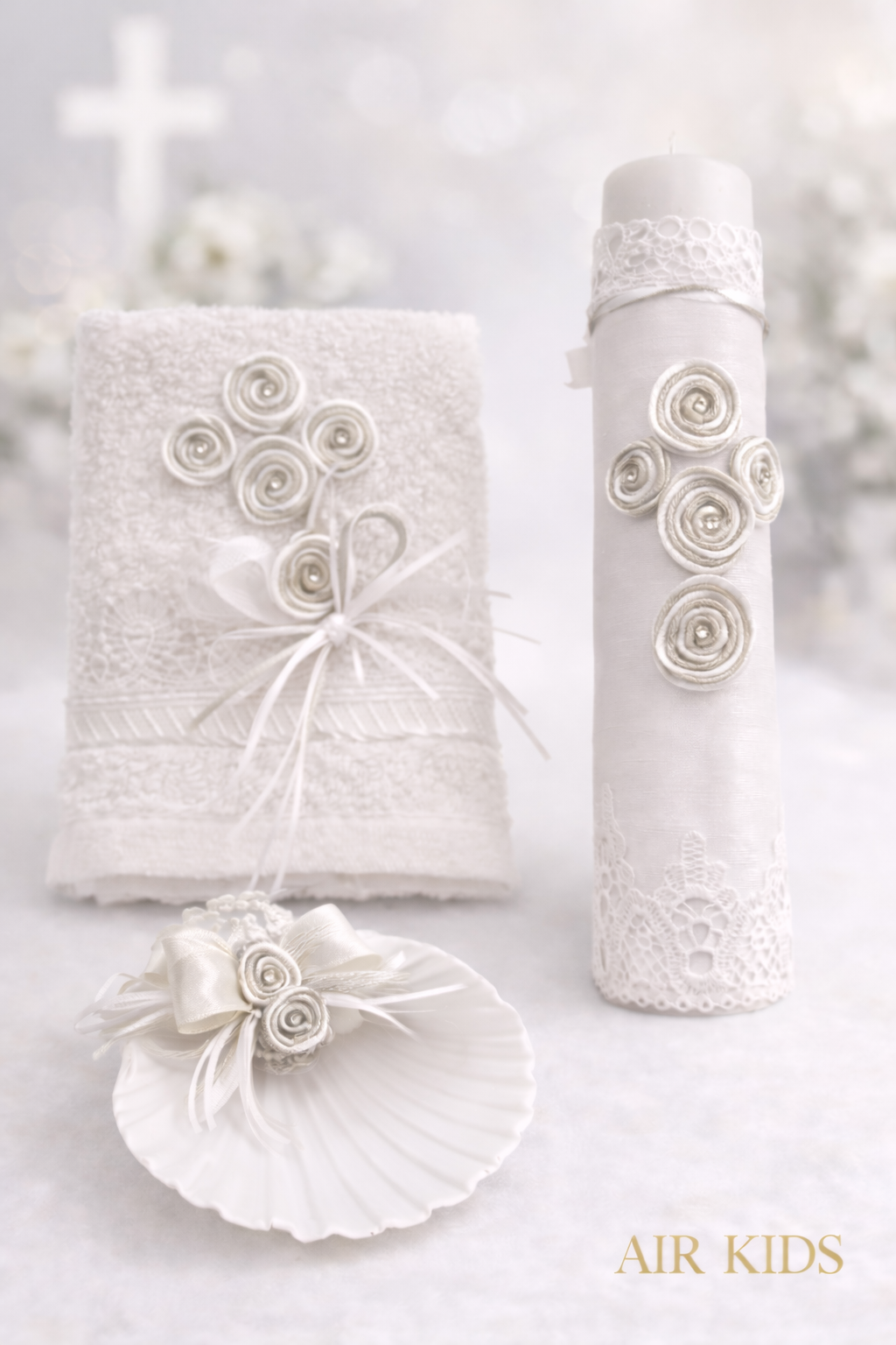 Kit de Bautizo Vela y Toalla Blanco y Plata Niño 6734