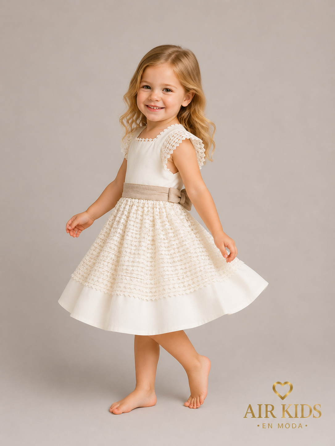Vestido de algodón crudo con tela calada en falda ty mangas, banda de lino jaspe 803V Talla 3 años