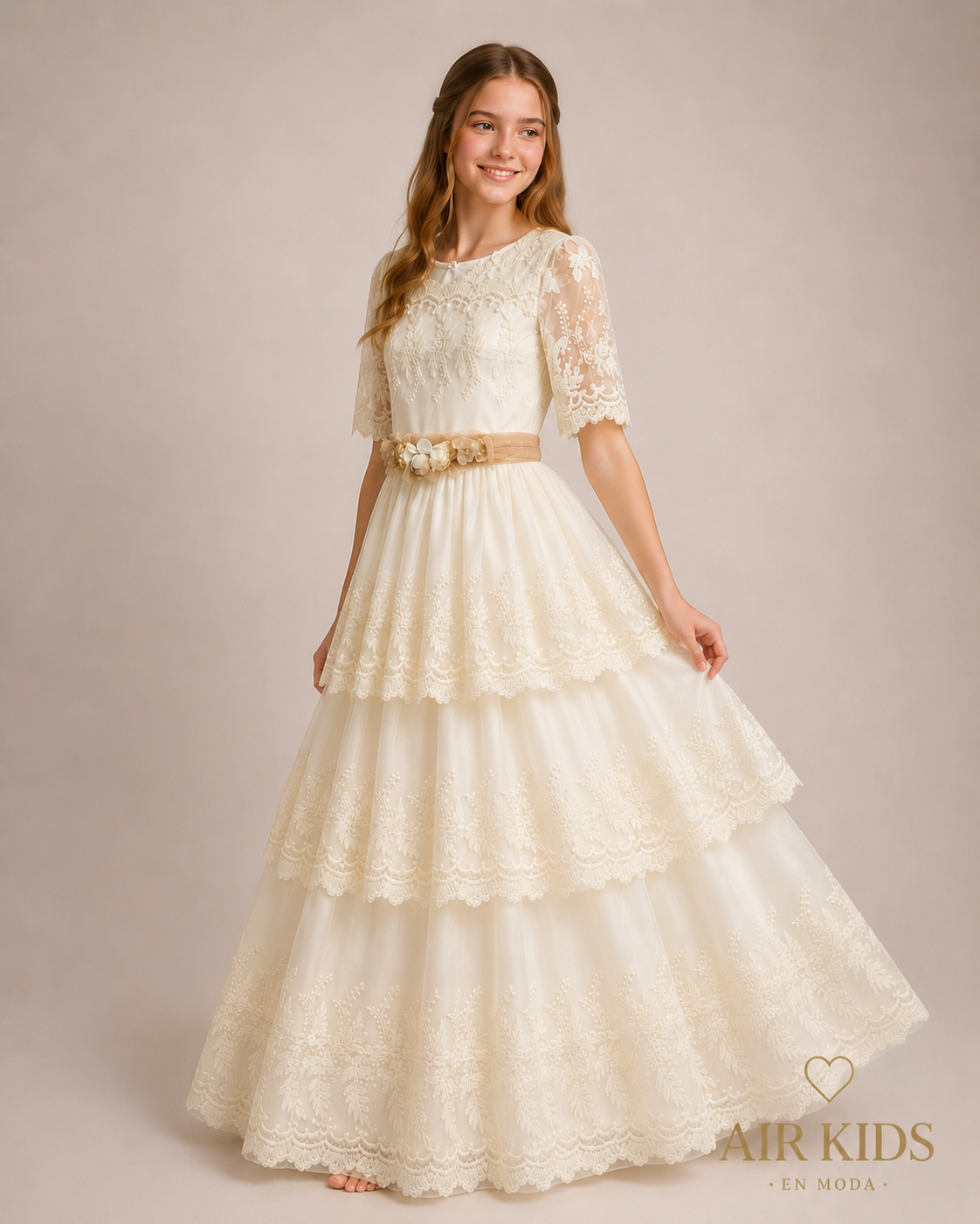Vestido de Primera Comunión con Corona de Niña 23-907 Talla 16