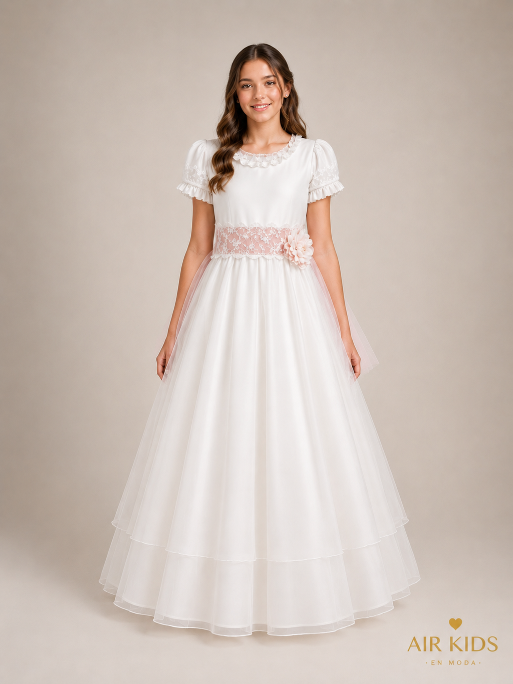 VESTIDO PRIMERA COMUNION TUL PUNTOS FALTA TUL PLIZADO TIRA BORDADA CON CORONA 26-411-14A