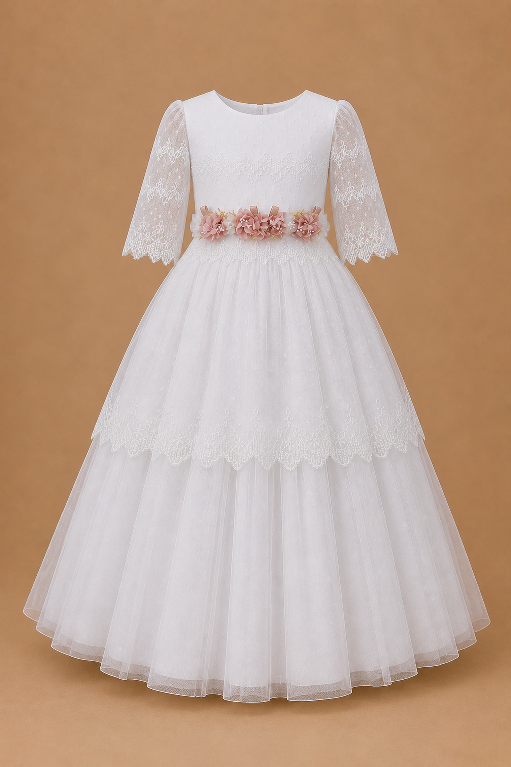 Vestido de primera comunion tul plisado y puntos tira dorada peto con corona 25-912 Talla 14 años