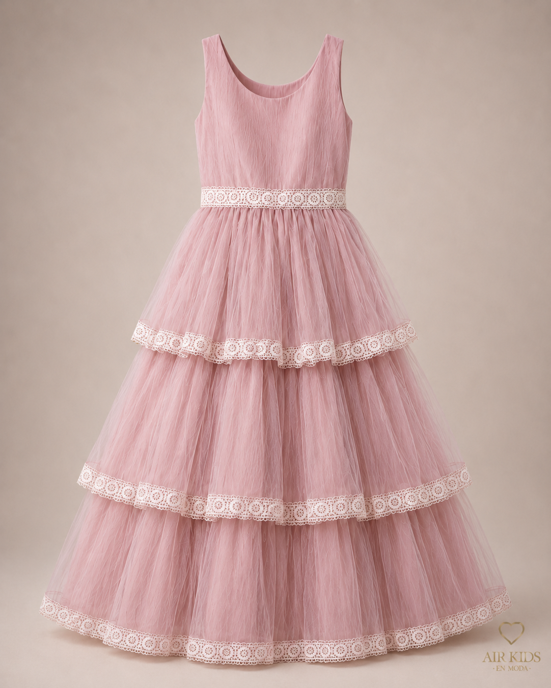 VESTIDO FALDA OLANES DE TUL PLIZADO TIRA BORDADA ROSA 26-009-16 AÑOS