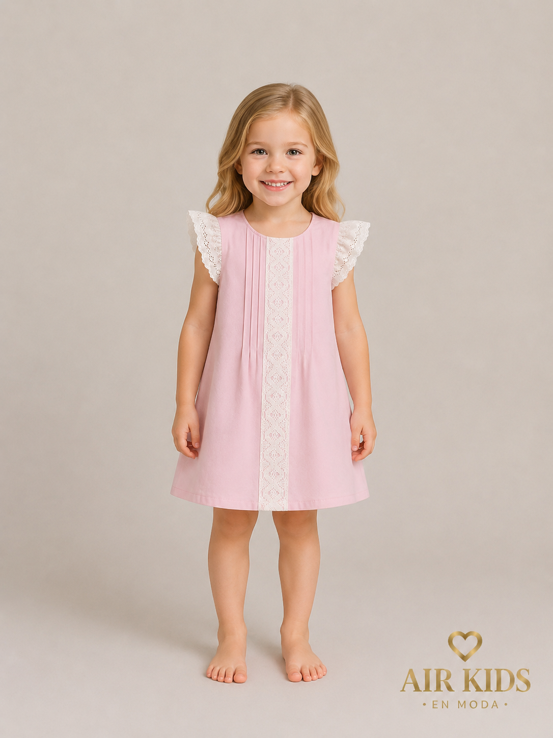 Vestido de lino rosa con punta y entredos de bolillo blanco en mangas y frente 777V Talla 4 años