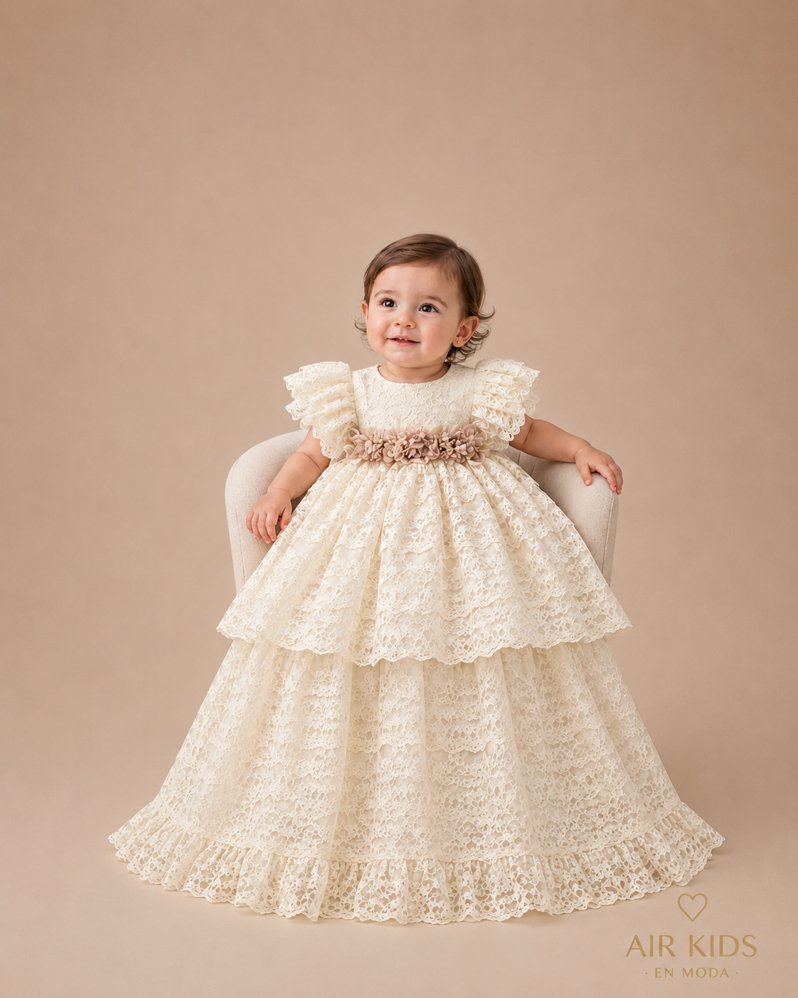 Ropon de gala encaje bordado y tul para niña 24-962 Talla 24 meses