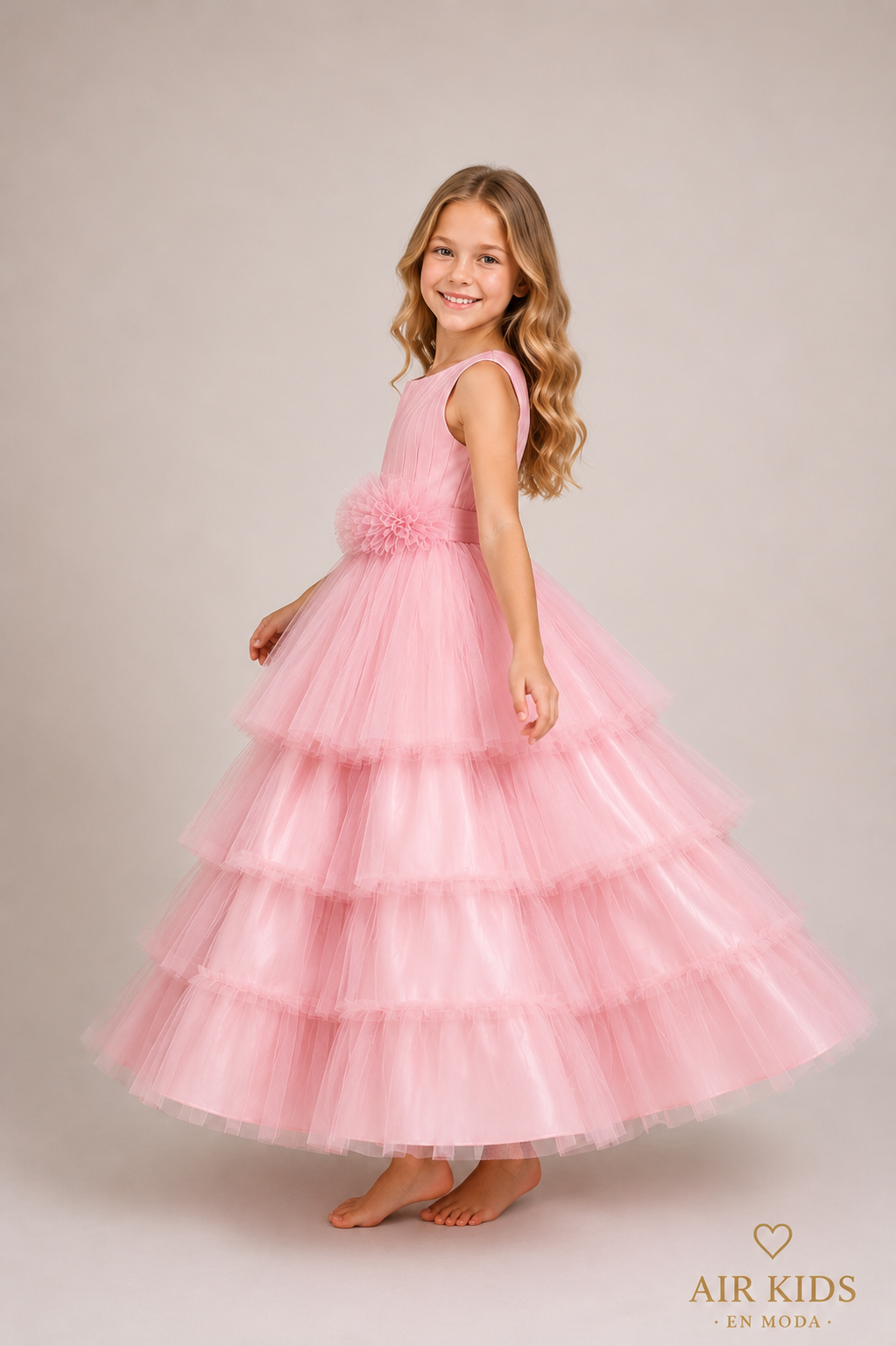 VESTIDO PRESENTACION TAFETA FALDA TUL OLANES FAJO OLANES CON CORONA 26-004-8A
