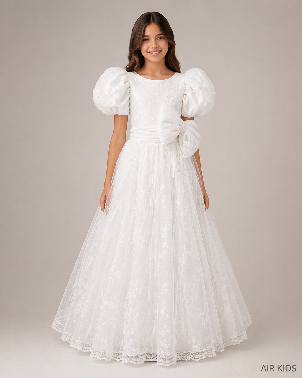 VESTIDO PRIMERA COMUNION CHANTILLY Y TUL FAJO Y MONO 26-407-12A