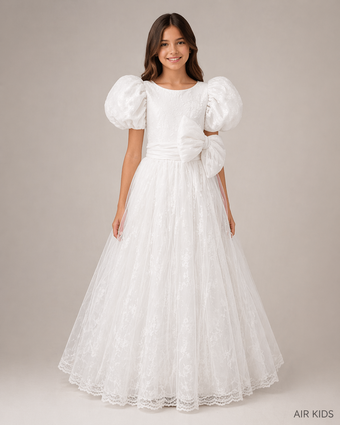 VESTIDO PRIMERA COMUNION CHANTILLY Y TUL FAJO Y MONO 26-407-12A
