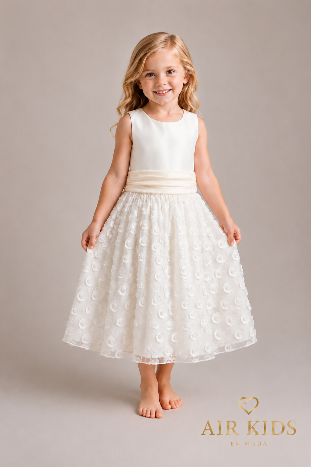 Vestido talle algodón crudo falda lentejuelas banda paja 775V 4 años