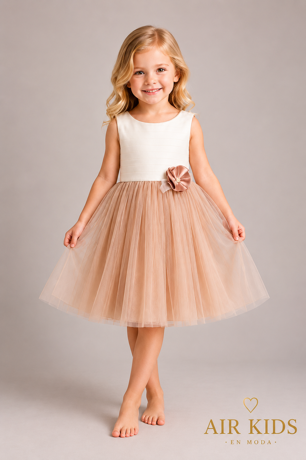 Vestido talle algodon rayas con falda de tul kaky y flor al frente 749V Talla 4 años