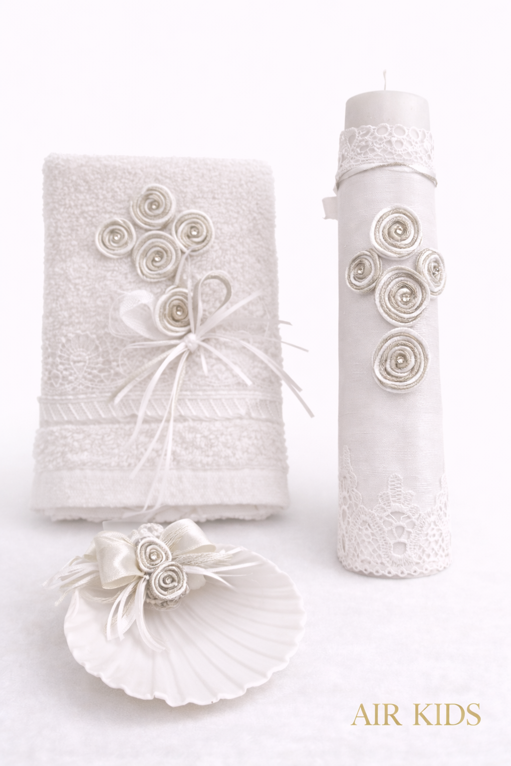 Kit de Bautizo Vela y Toalla Blanco y Plata Niño 6734