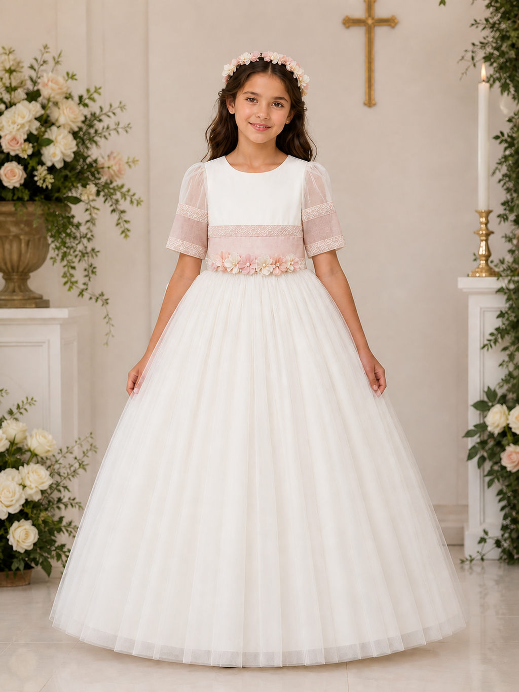 Vestido de primera comunion satin tul mesh tira bordada peto con corona 25-909 Talla 8 años
