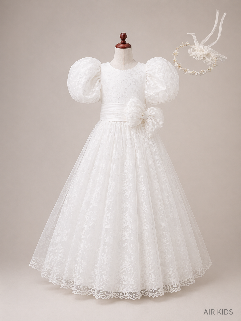 VESTIDO PRIMERA COMUNION CHANTILLY Y TUL FAJO Y MONO 26-407-12A