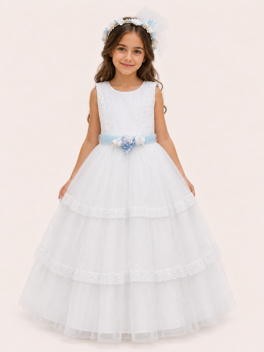 Vestido presentacion falada tul holanes tira bordada con corona 26-002
