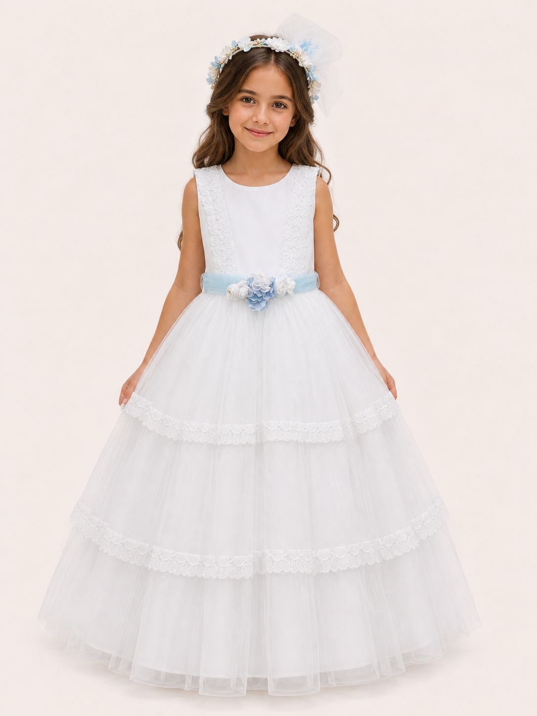 Vestido presentacion falada tul holanes tira bordada con corona 26-002
