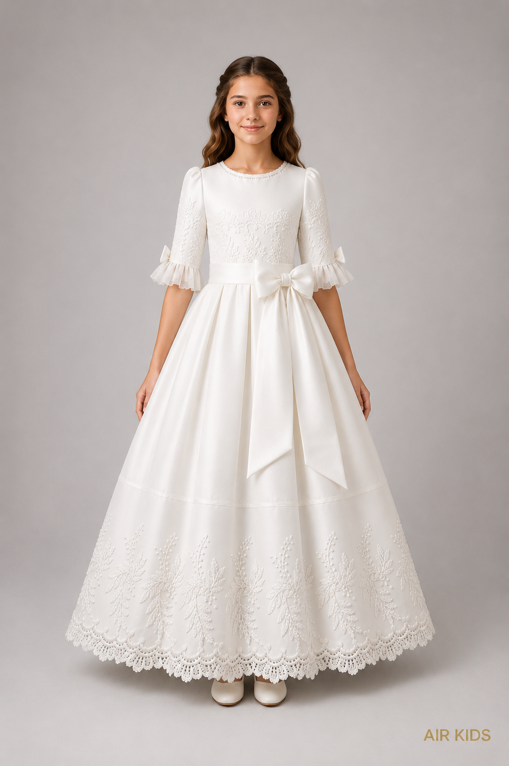 Vestido de primera comunion satin tira bordada con corona 25-917 talla 12 años