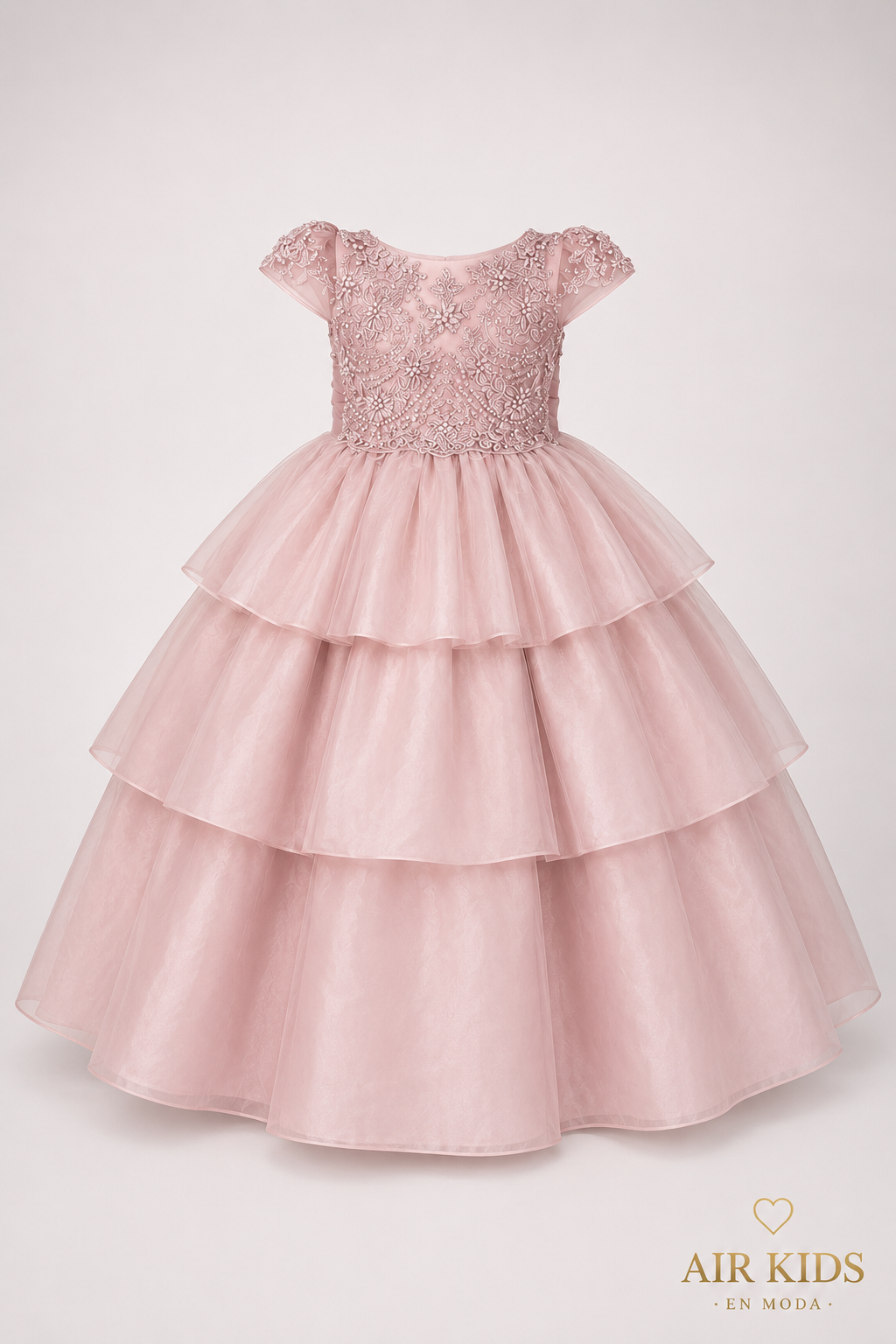 VESTIDO PRESENTACION PARA NIÑA 26-018-3AÑOS SATIN TRES OLANES DOBLES DE TUL PETO BORDADO CON CORONA 26-018-3AÑOS
