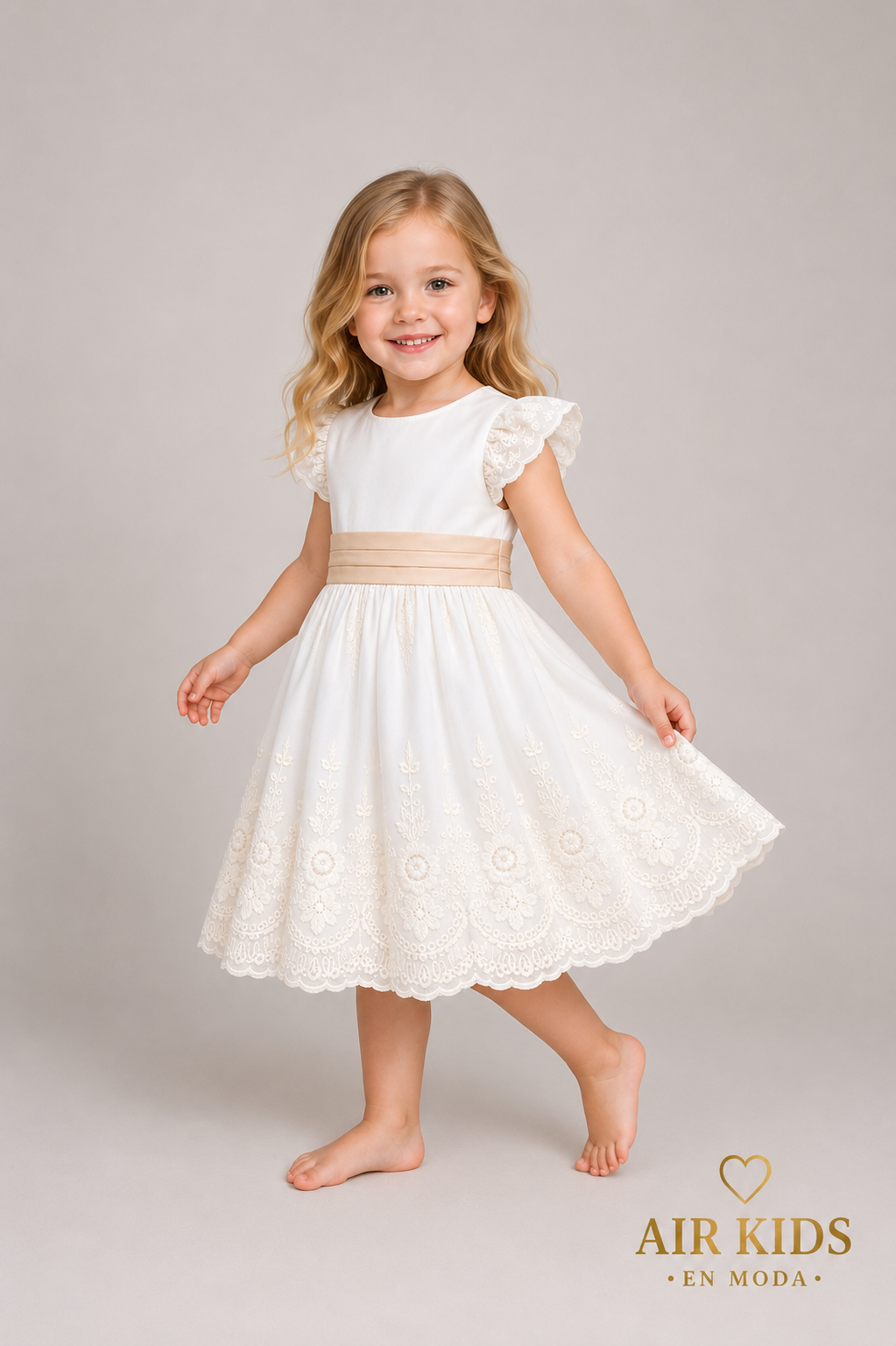 Vestido de algodón bordado con banda de lino paja 488-19PV Talla 3 años