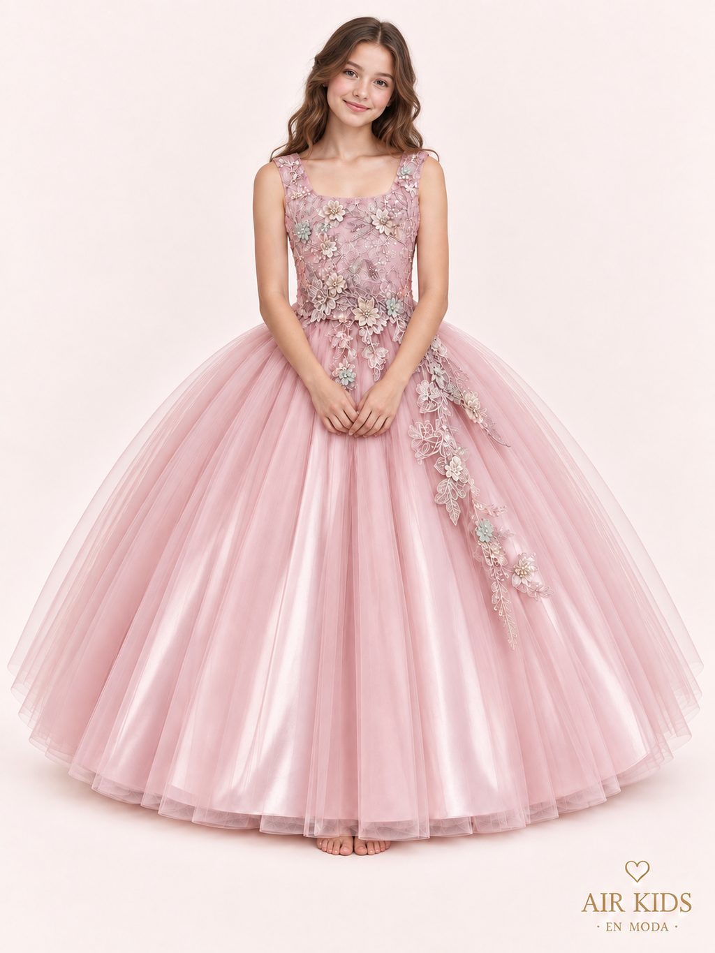 Vestido fiesta seda peto bordado falda aplicaciones con corona 26-012 Talla 14 años