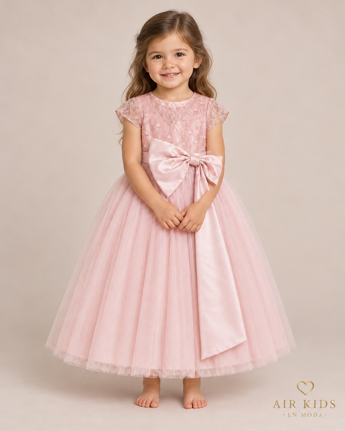 Vestido de presentacion falda tul peto bordado moño satin con moño 26-008 Talla 3 años