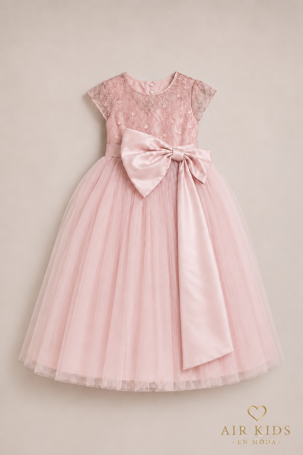 Vestido de presentacion falda tul peto bordado moño satin con moño 26-008 Talla 3 años