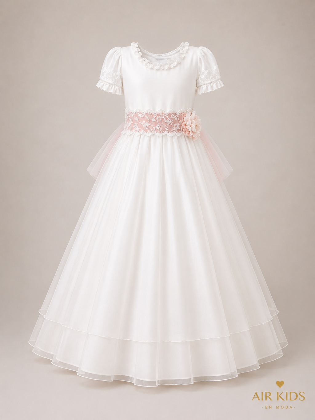 VESTIDO PRIMERA COMUNION TUL PUNTOS FALTA TUL PLIZADO TIRA BORDADA CON CORONA 26-411-14A