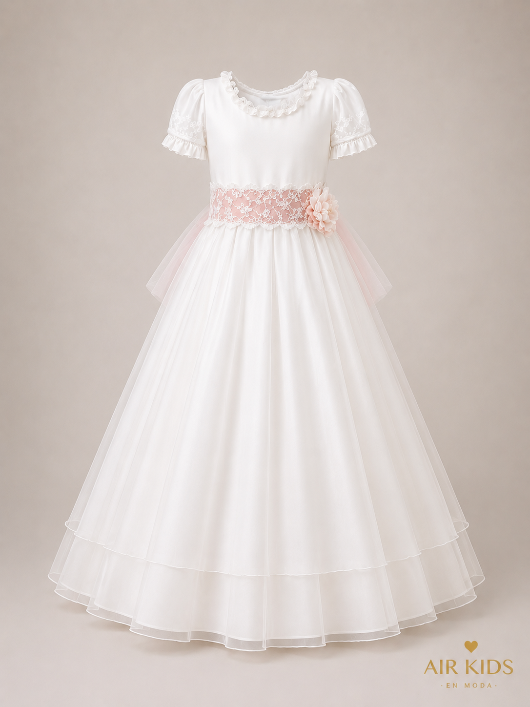 VESTIDO PRIMERA COMUNION TUL PUNTOS FALTA TUL PLIZADO TIRA BORDADA CON CORONA 26-411-14A
