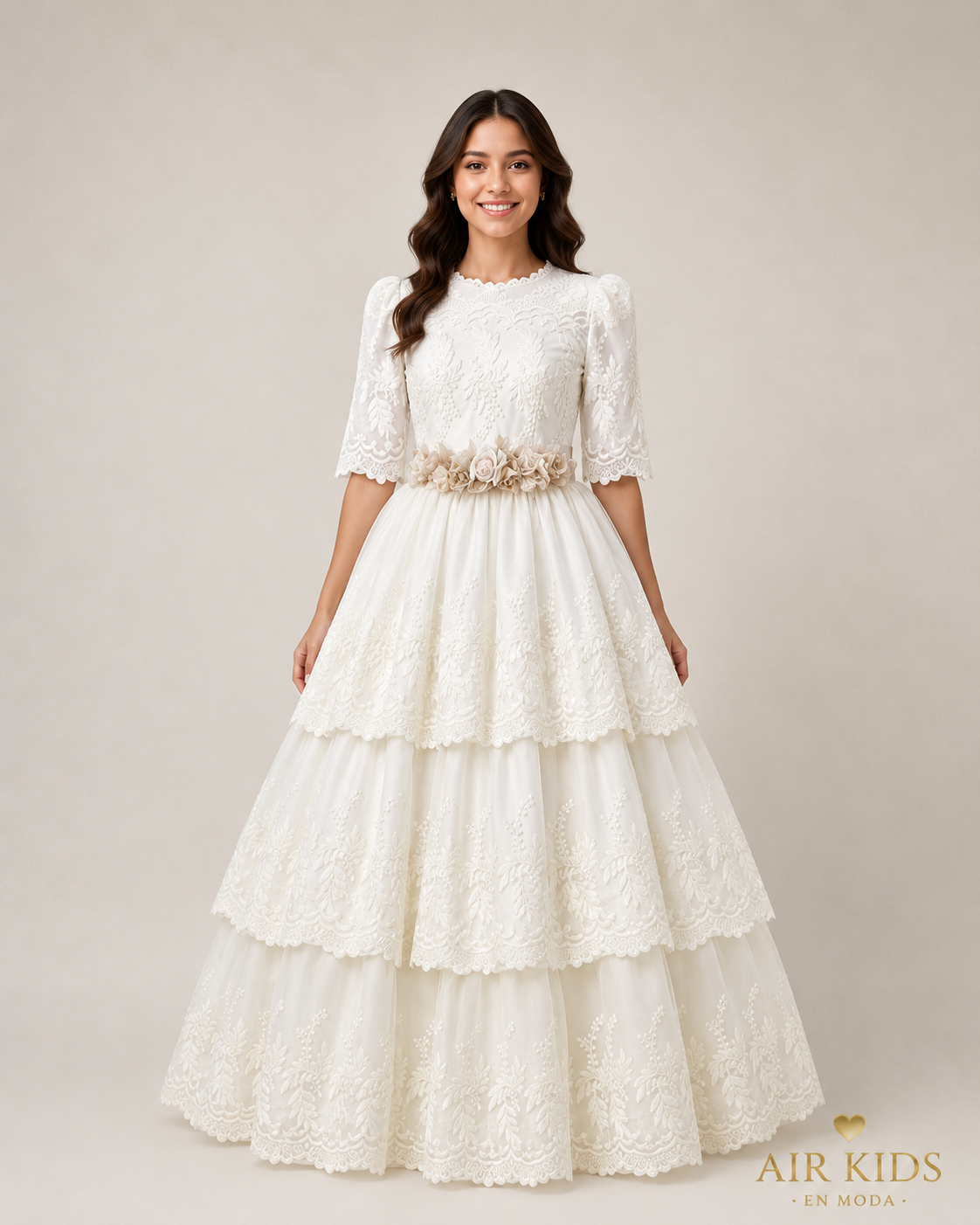 Vestido de Primera Comunión con Corona de Niña 23-907 Talla 16