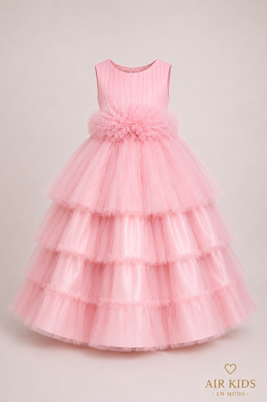 VESTIDO PRESENTACION TAFETA FALDA TUL OLANES FAJO OLANES CON CORONA 26-004-8A