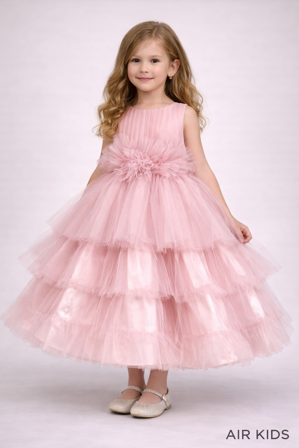VESTIDO PRESENTACION TAFETA FALDA TUL OLANES FAJO OLANES CON CORONA 26-004-8A