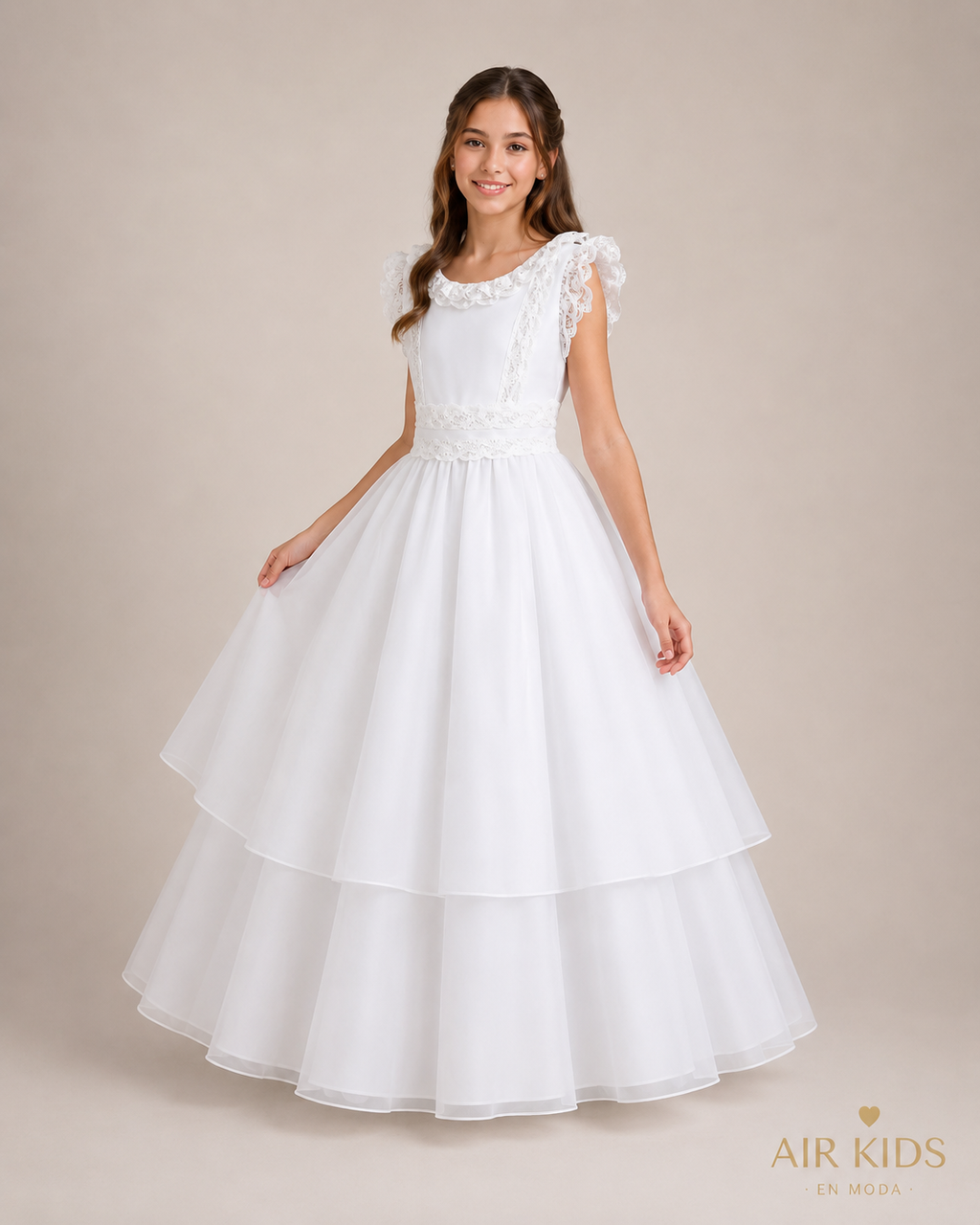 VESTIDO PRIMERA COMUNION TERGAL FRANCES DOBLE FALDA CIRCULAR TIRA BORDADA CON CORONA 26-406-14A