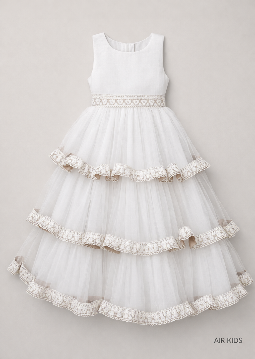 VESTIDO FALDA OLANES DE TUL PLIZADO TIRA BORDADA CON CORONA 26-009-3AÑOS