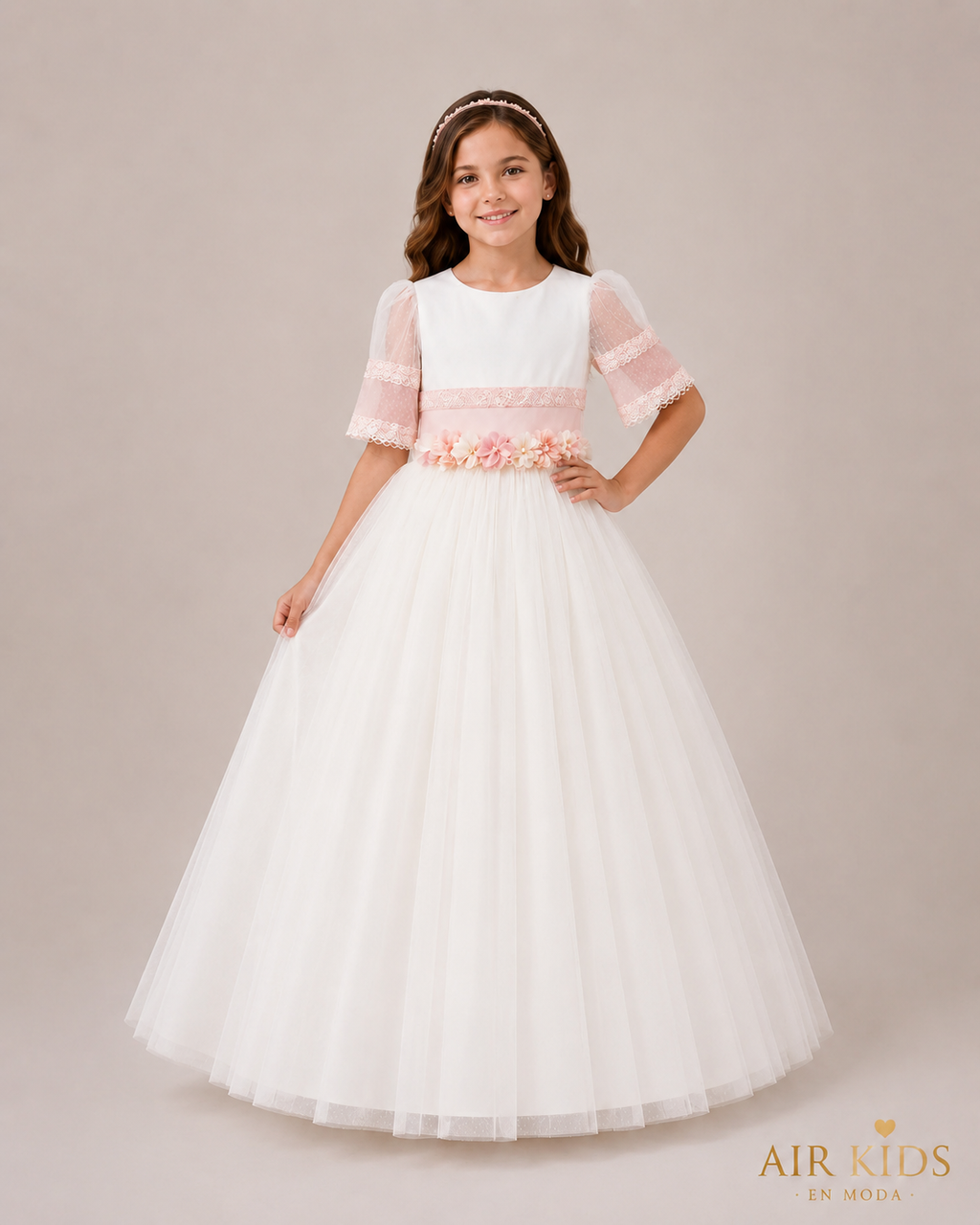 Vestido de primera comunion satin tul mesh tira bordada peto con corona 25-909 Talla 8 años