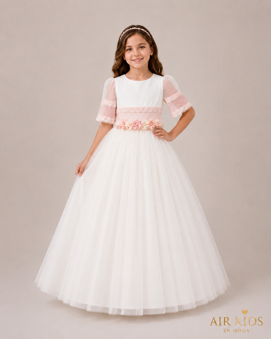 Vestido de primera comunion satin tul mesh tira bordada peto con corona 25-909 Talla 8 años