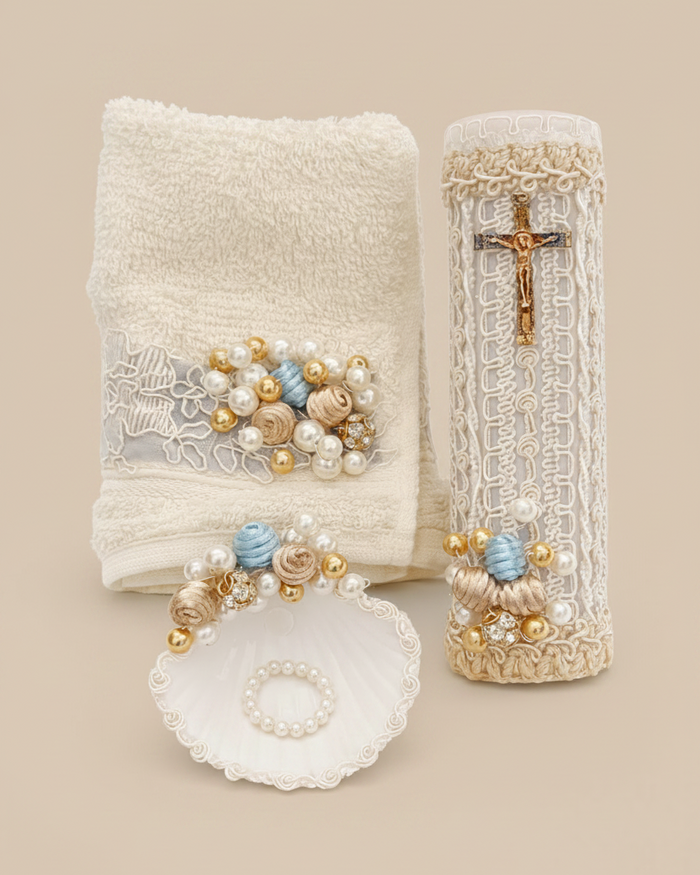 Kit azul de bautizo para Niño Vela y Toalla 0839