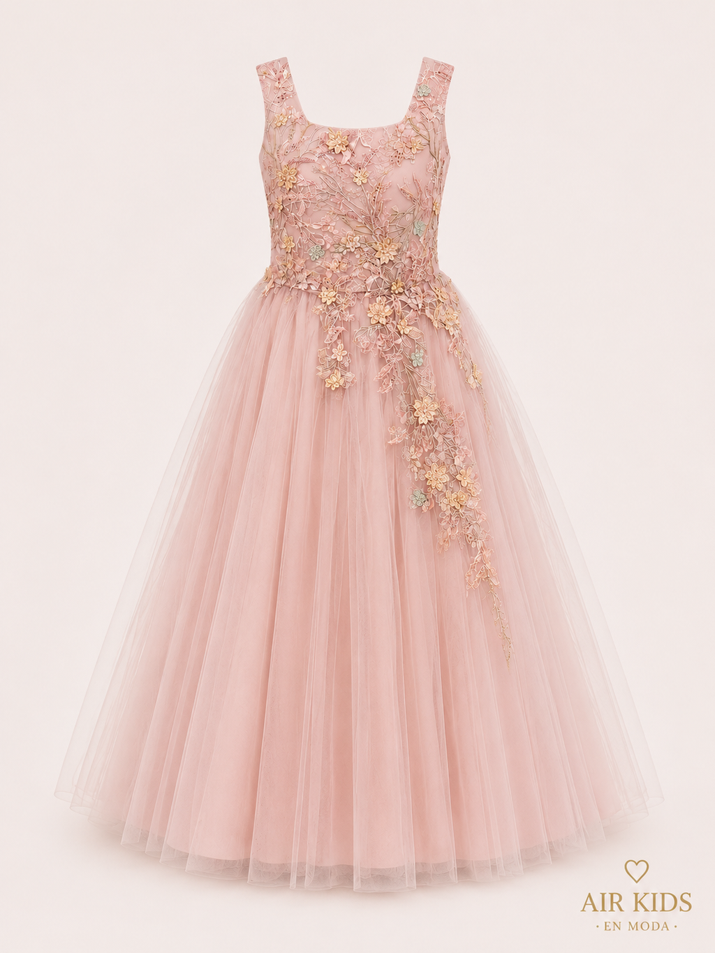 Vestido fiesta seda peto bordado falda aplicaciones con corona 26-012 Talla 14 años