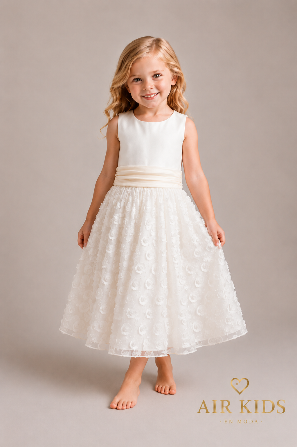 Vestido talle algodón crudo falda lentejuelas banda paja 775V 4 años