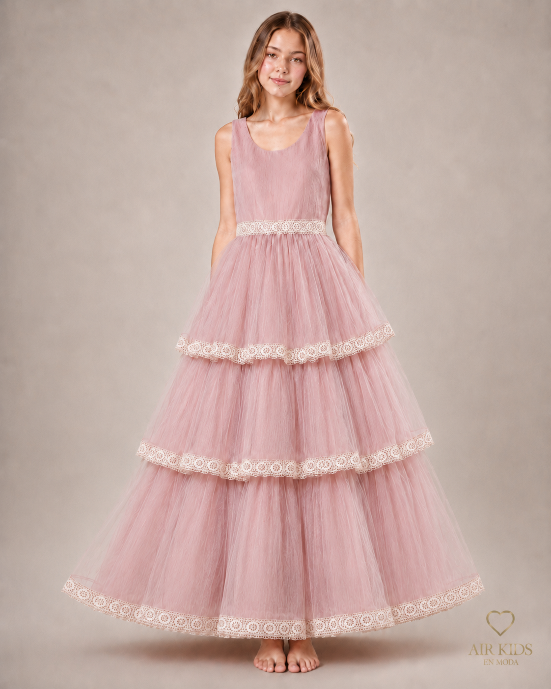 VESTIDO FALDA OLANES DE TUL PLIZADO TIRA BORDADA ROSA 26-009-16 AÑOS