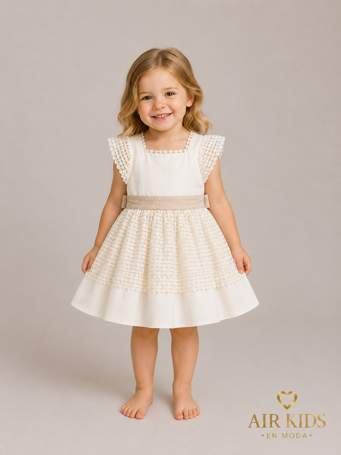 Vestido de algodón crudo con tela calada en falda ty mangas, banda de lino jaspe 803V Talla 3 años
