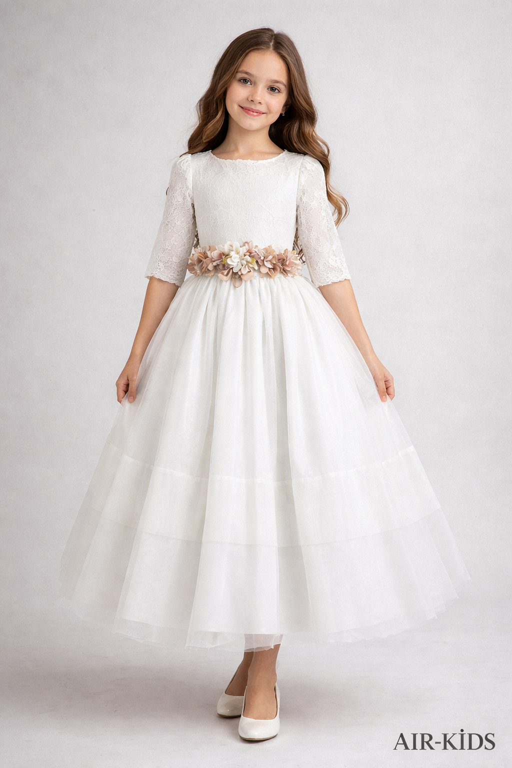 VESTIDO 1RA COMUNION TERGAL FRANCES TIRA BORDADA PETO Y MANGA LALDA OLAN 25-908