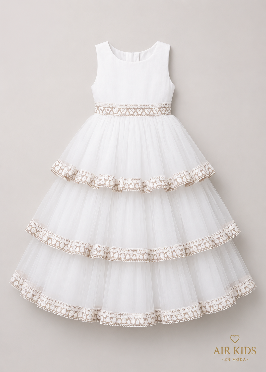 VESTIDO FALDA OLANES DE TUL PLIZADO TIRA BORDADA CON CORONA 26-009-3AÑOS